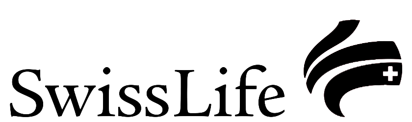 Swiss Life logo with black text and stylized flame symbol containing a white cross.